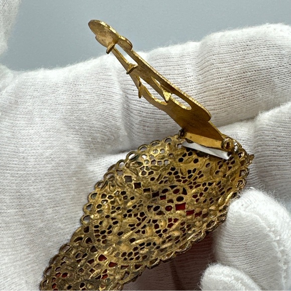 Antique Scarf Clip/brooch Celluloid Coral and Brass #414 - Picture 6 of 7